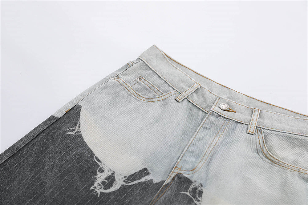 Two-Tone Distressed Wide-Leg Jeans – Contrast Wash Straight Denim