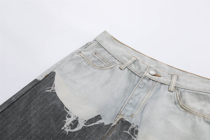 Two-Tone Distressed Wide-Leg Jeans – Contrast Wash Straight Denim