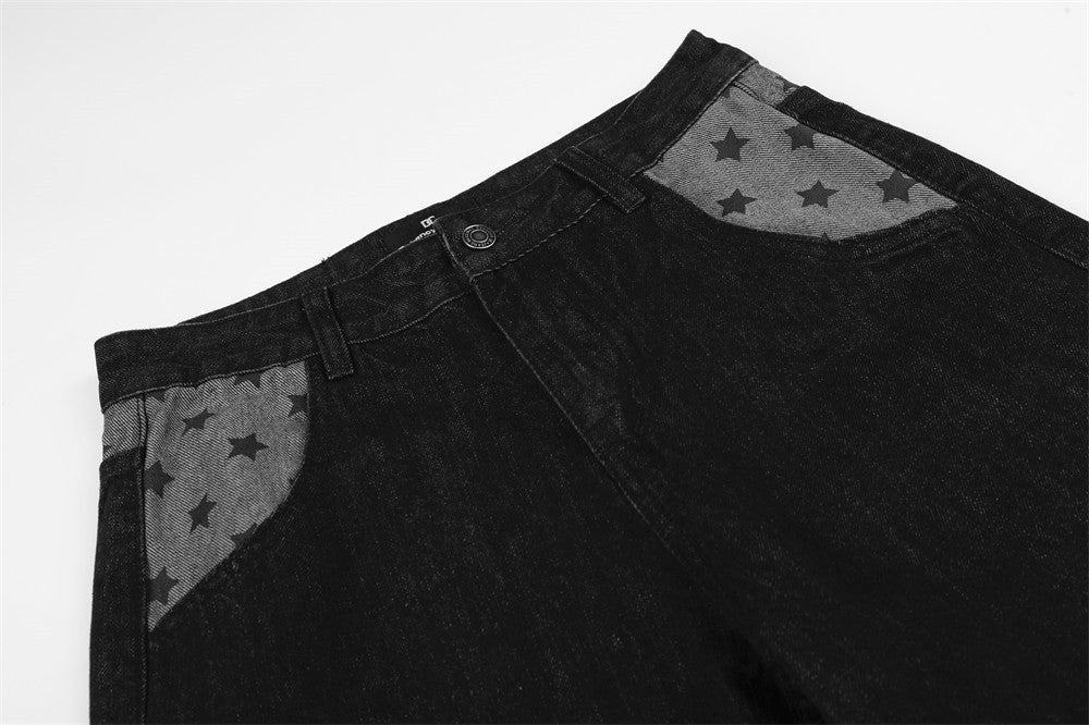 Men's Black Wide-Leg Jeans with Star-Print Contrast Pockets