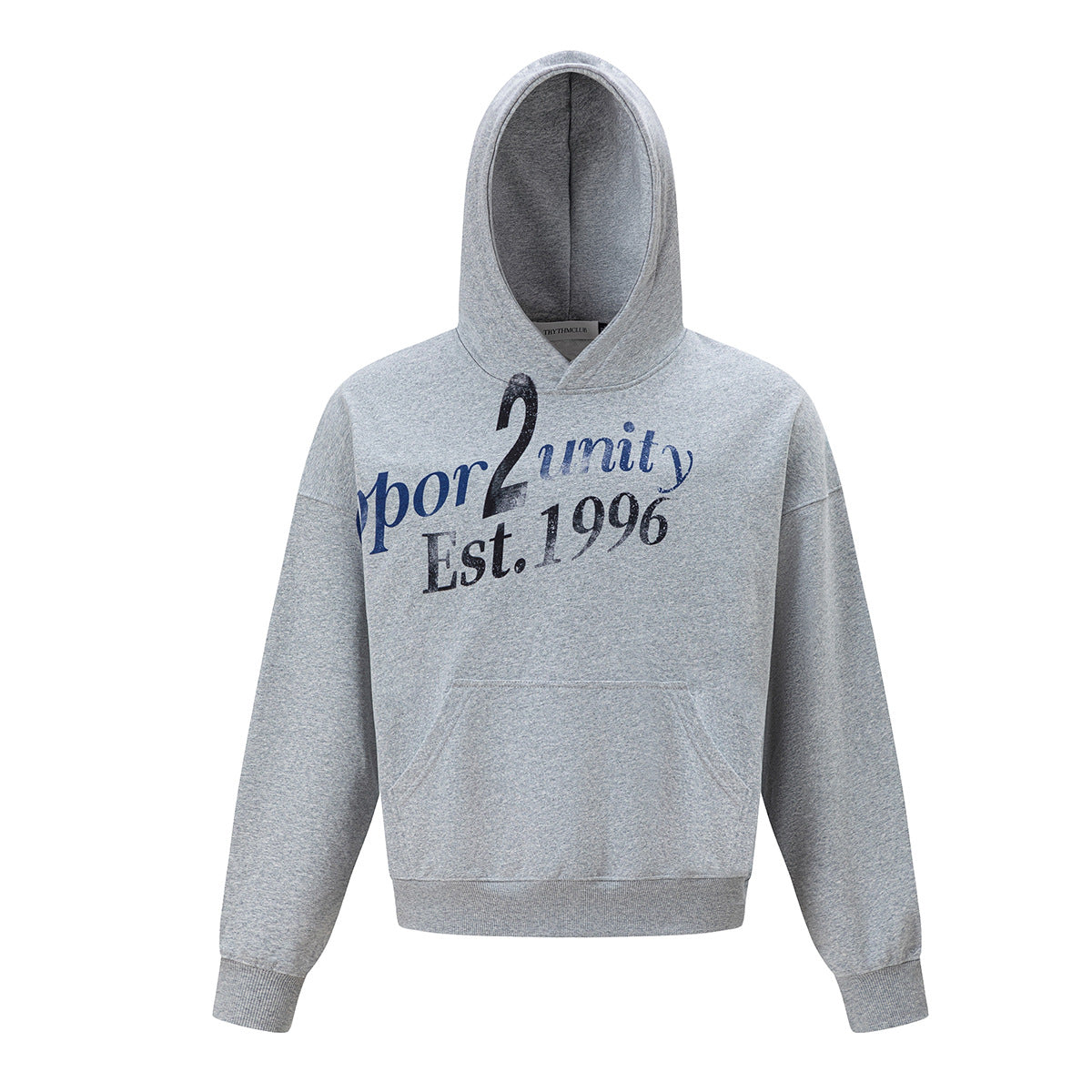 Sweat à capuche oversize à enfiler, imprimé graphique distressed Oppor2unity Est. 1996 gris chiné, vue de face