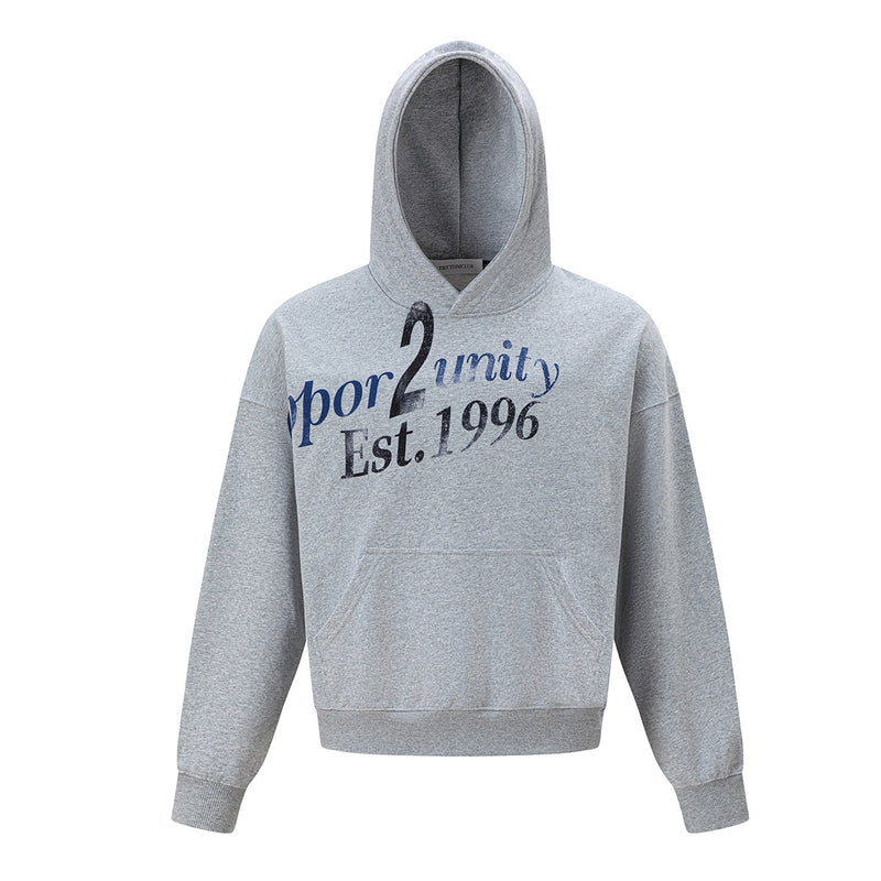 Sweat à capuche oversize à enfiler, imprimé graphique distressed Oppor2unity Est. 1996 gris chiné, vue de face
