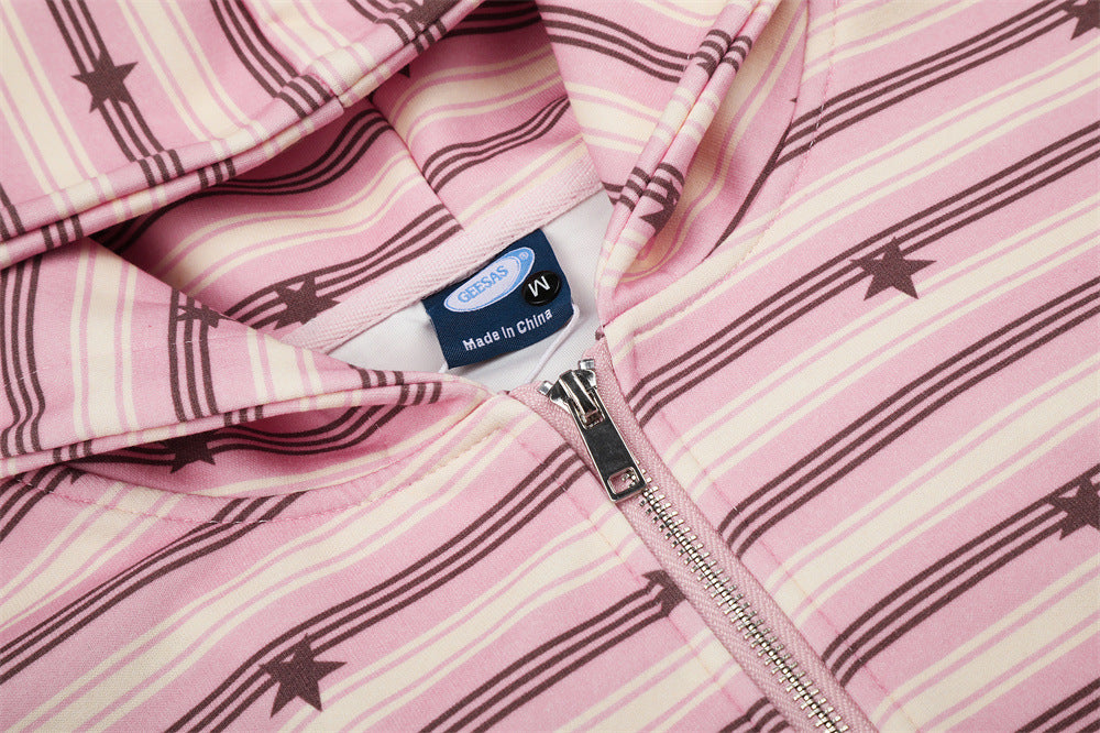 Hoodie zippé rayé imprimé étoiles – Sweat veste streetwear oversize