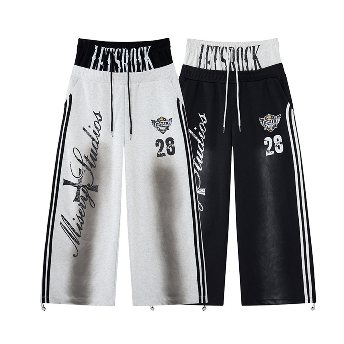 Pantalon de survêtement ample à jambes larges avec bandes latérales, fausse double ceinture et imprimé graphique