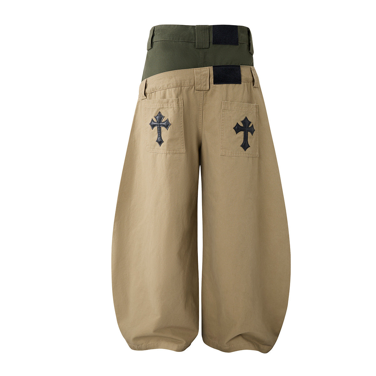 Baggy Khaki Cargo Pants – Double Waist Wide-Leg Balloon Trousers with Cross