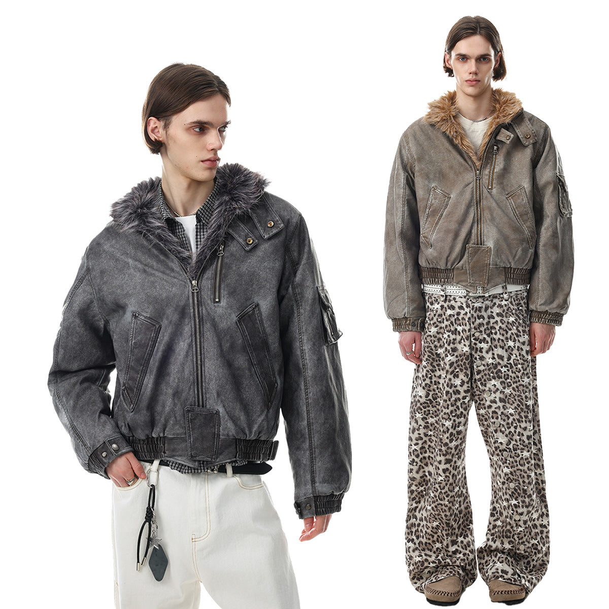 Vintage Washed Bomber Jacket with Faux Fur Collar — Oversized Padded Flight