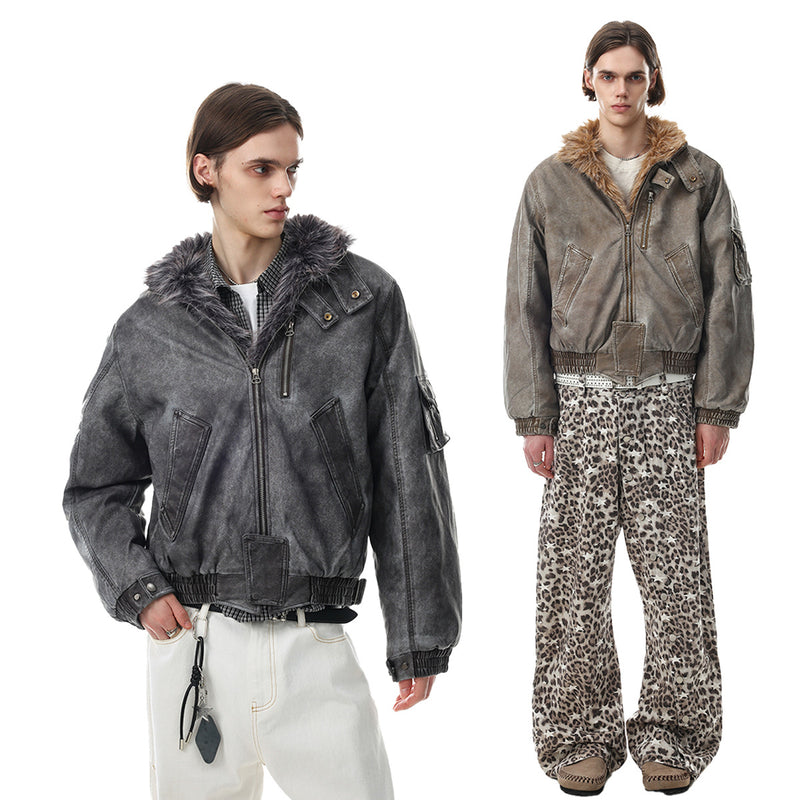 Vintage Washed Bomber Jacket with Faux Fur Collar — Oversized Padded Flight