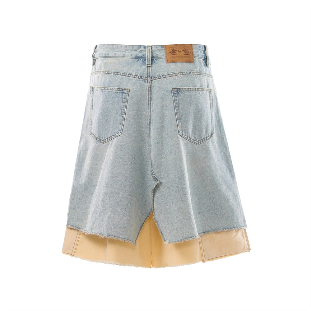 Distressed Denim Skirt Shorts – Layered Faux Two-Piece Wide-Leg Cut