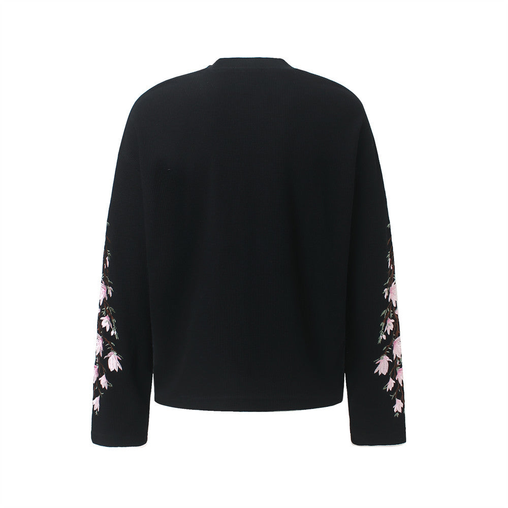 Mens Embroidered T Shirt – Floral Cherry Blossom Long Sleeve Crew Neck