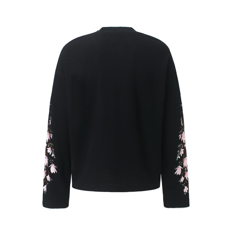 Mens Embroidered T Shirt – Floral Cherry Blossom Long Sleeve Crew Neck