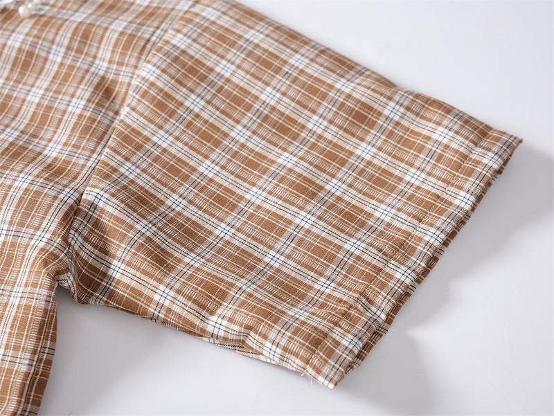 Oversized Plaid Short-Sleeve Shirt with Pearl Star Embroidery