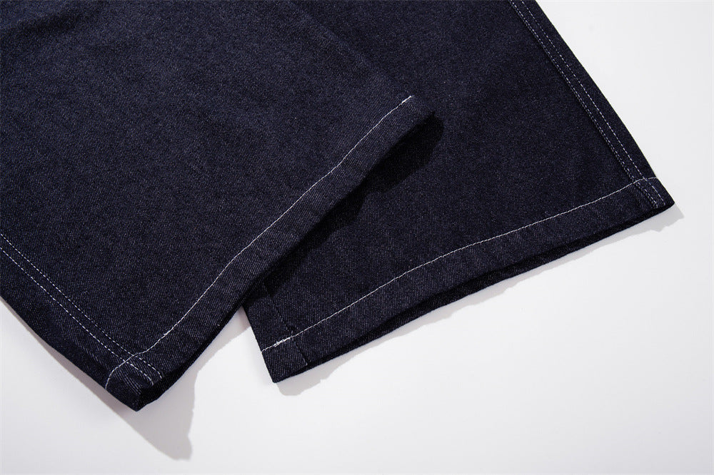 Wide-Leg Jeans with Gothic Cross & Script Embroidery, Button Fly, Dark Indigo