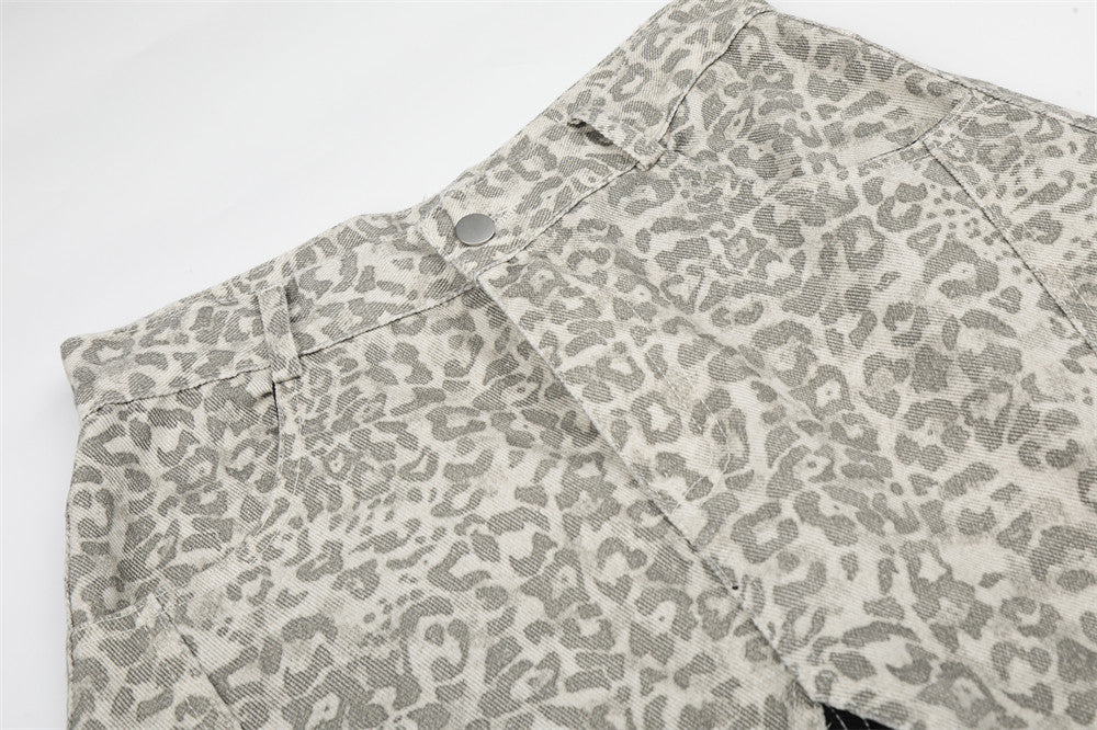 Leopard Print Colorblock Cargo Wide-Leg Jeans