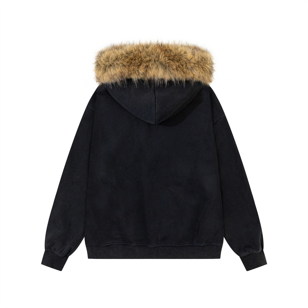 Fur-Trim Zip-Up Hoodie with Studded Skeleton Design – Oversized Streetwear