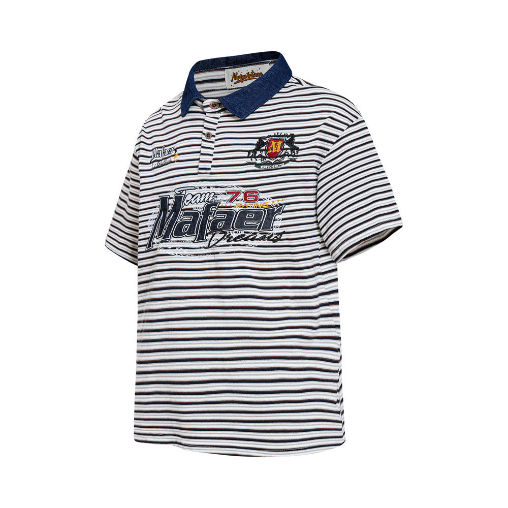American Vintage Striped Polo Shirt – Mafaer Racing Embroidered Short Sleeve