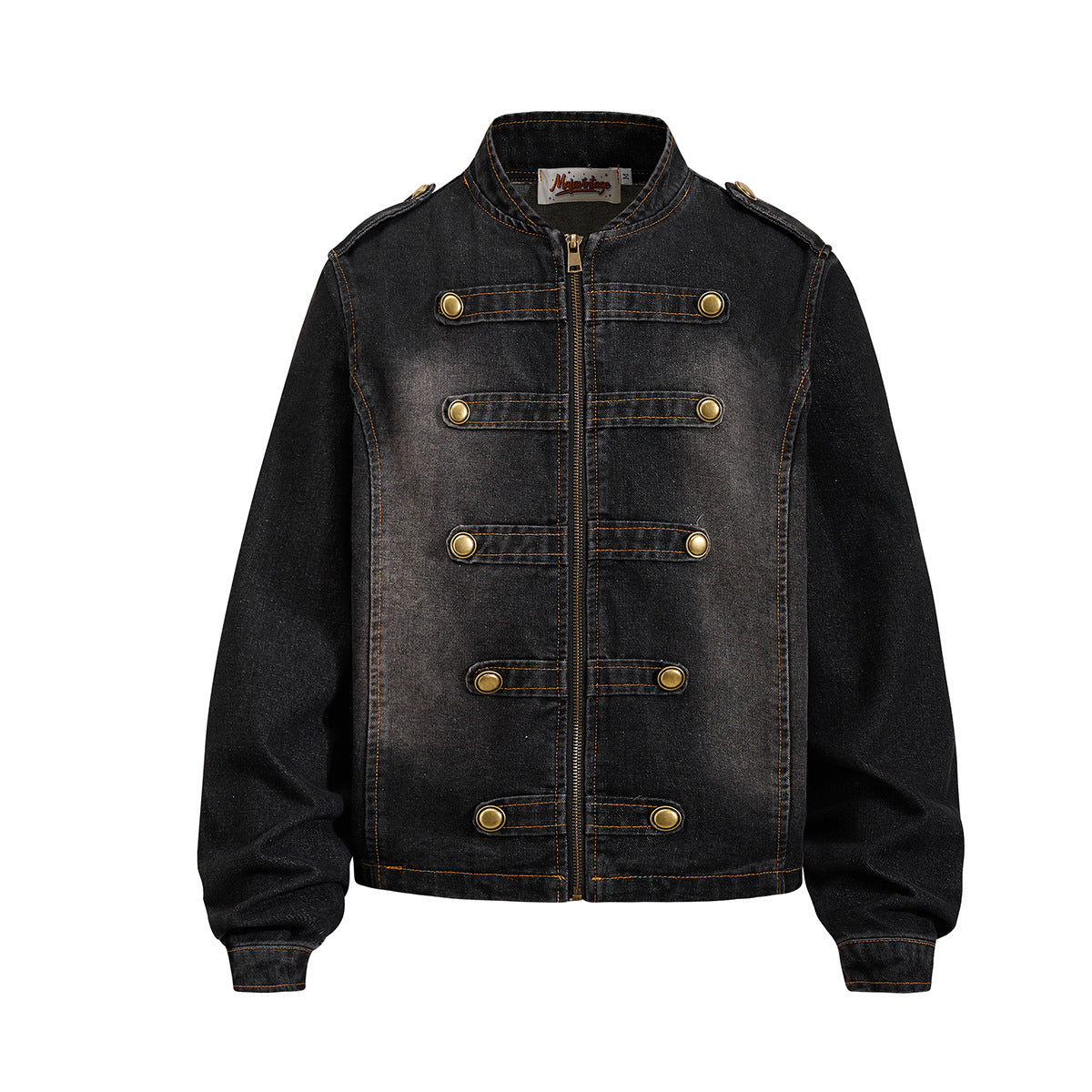 Military-Style Washed Denim Jacket – Stand Collar, Double-Breasted Button Detail