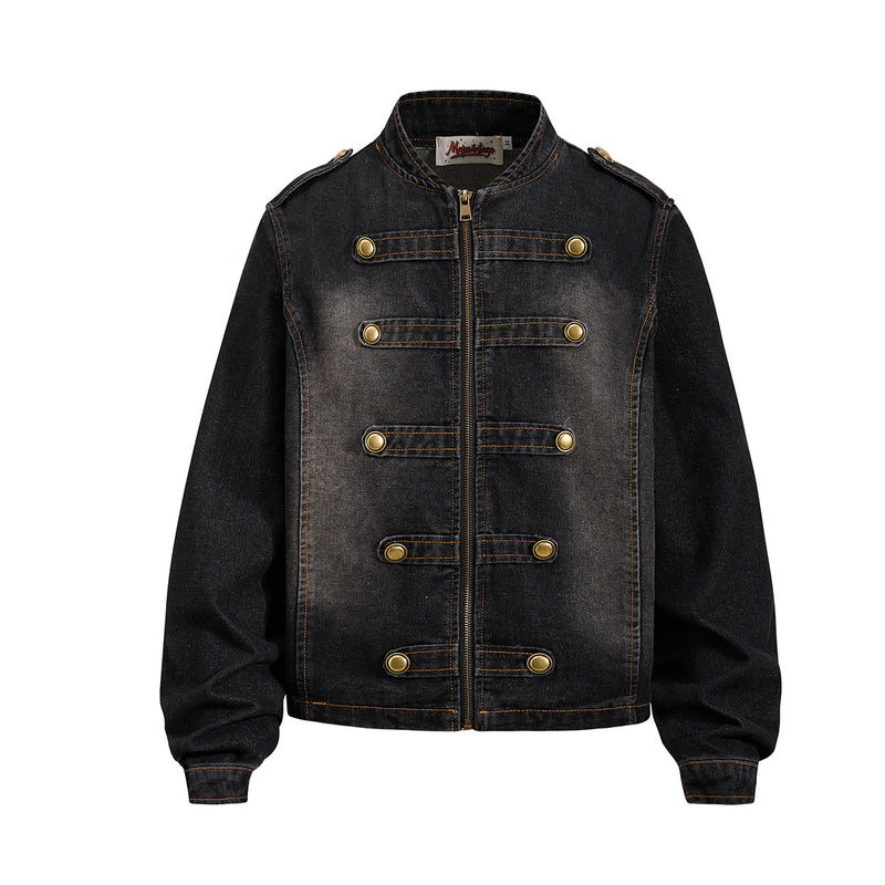 Military-Style Washed Denim Jacket – Stand Collar, Double-Breasted Button Detail