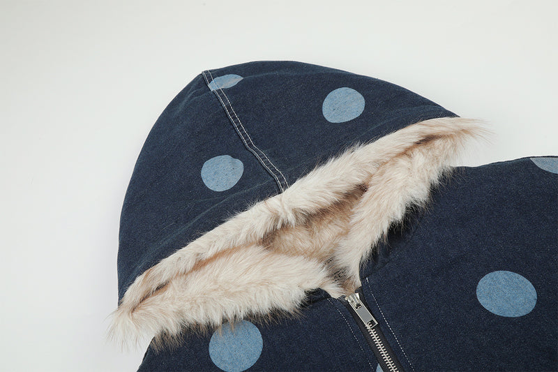 Polka Dot Denim Hooded Jacket with Sherpa Lining