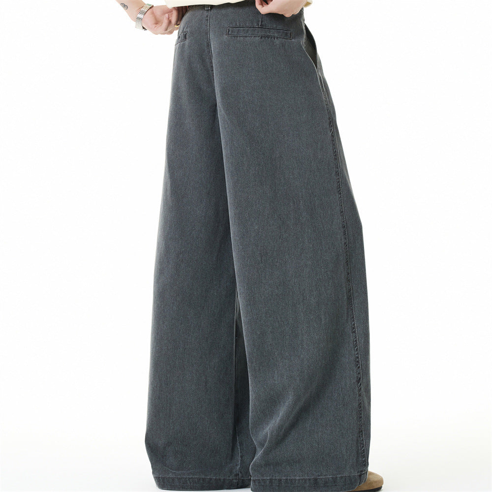 Wide-Leg Washed Denim Jeans – Relaxed High-Street Pleated Trousers