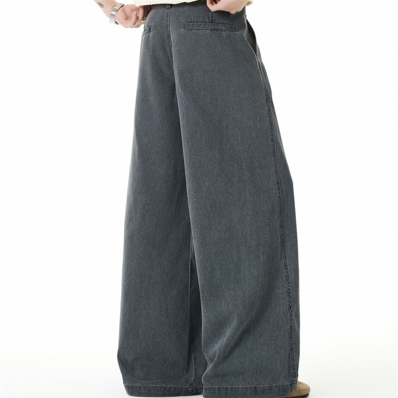 Wide-Leg Washed Denim Jeans – Relaxed High-Street Pleated Trousers