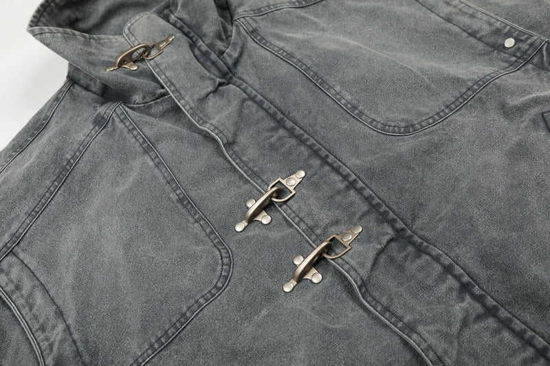 Veste Harrington en denim délavé avec fermoirs métalliques – Gris délavé à l'acide