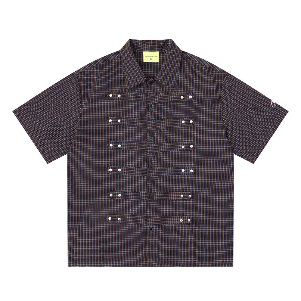 Plaid Short Sleeve Shirt with Pearl Studs – Oversized Hip Hop Streetwear