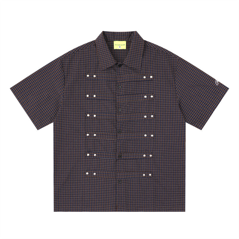 Plaid Short Sleeve Shirt with Pearl Studs – Oversized Hip Hop Streetwear