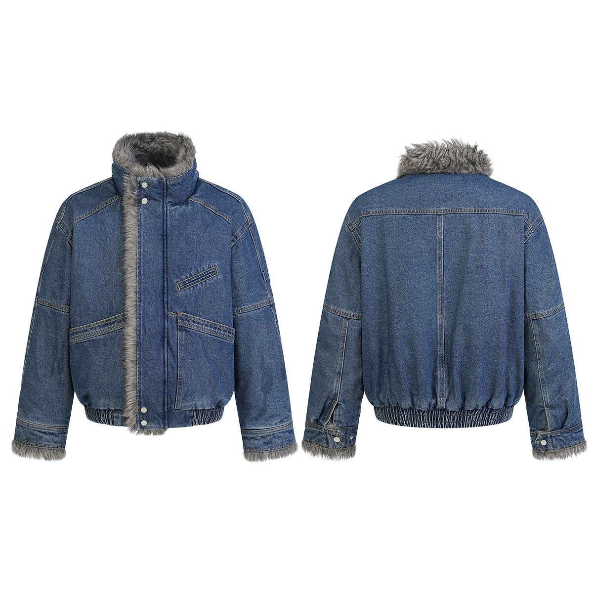 Men's medium-wash blue denim bomber jacket with grey faux-fur collar and full fur lining, shown front and back