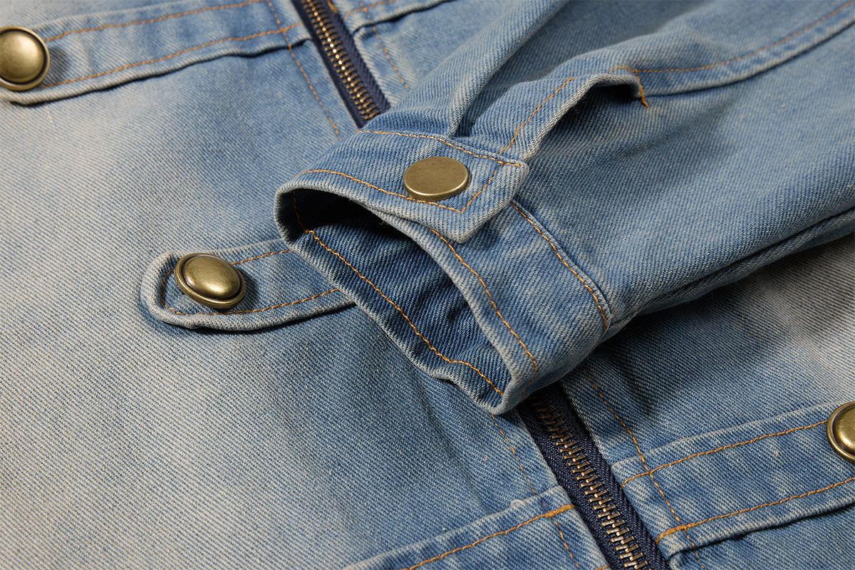 Military-Style Washed Denim Jacket – Stand Collar, Double-Breasted Button Detail