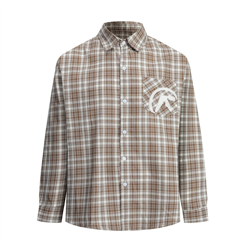 Brown plaid long sleeve button-up shirt front view with embroidered chest pocket
