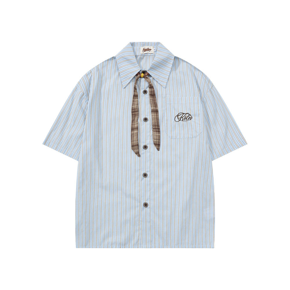 Striped Short Sleeve Shirt – Japanese Loose Fit with Necktie Detail