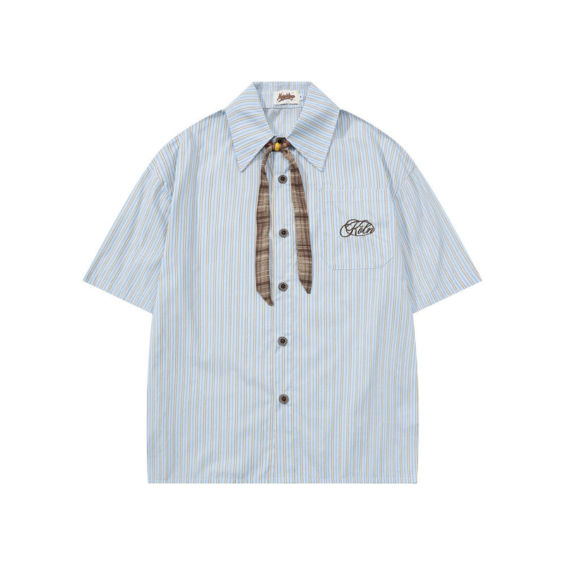 Striped Short Sleeve Shirt – Japanese Loose Fit with Necktie Detail