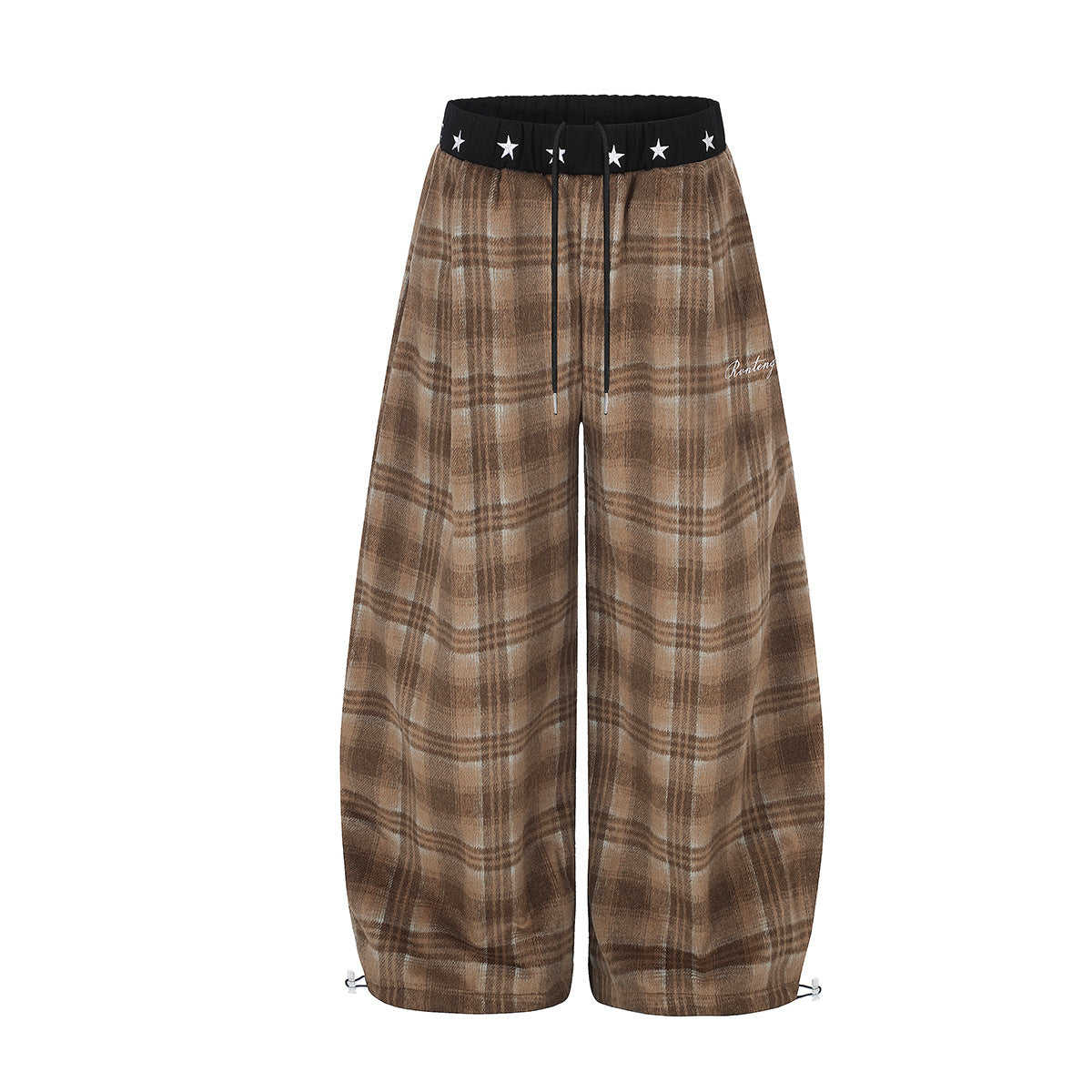 Plaid Wide-Leg Pants with Star Waistband – Oversized Retro Streetwear Trousers