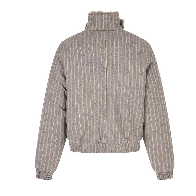 Pinstripe Zip-Up Bomber Jacket with Sherpa Collar & Pocket Trim