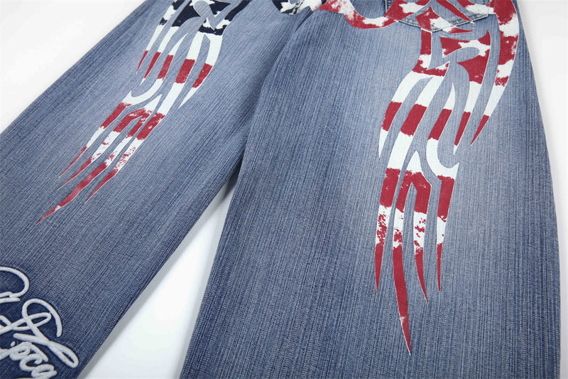 Wide-Leg Jeans Men's Washed Denim with Tribal Wing Graphic Print
