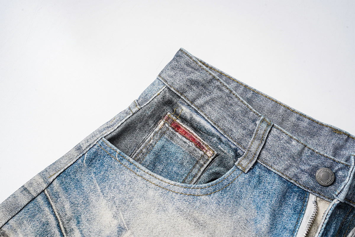 Jean baggy à jambes larges avec imprimé 3D – Denim délavé à ourlet incurvé