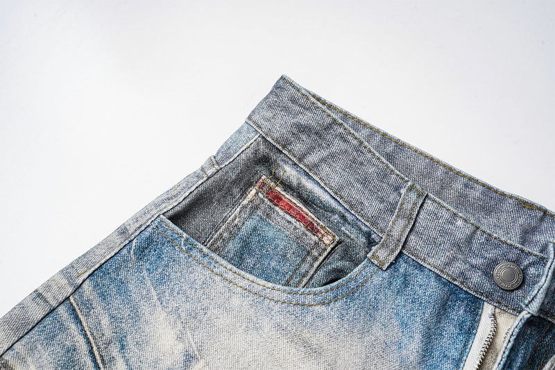 Jean baggy à jambes larges avec imprimé 3D – Denim délavé à ourlet incurvé
