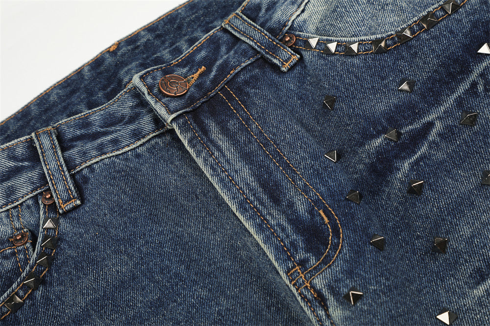 Men's Vintage Wash Wide-Leg Jeans with Metal Pyramid Studs – Retro Blue