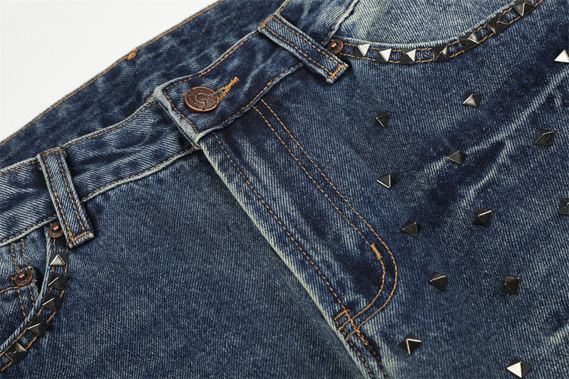 Men's Vintage Wash Wide-Leg Jeans with Metal Pyramid Studs – Retro Blue