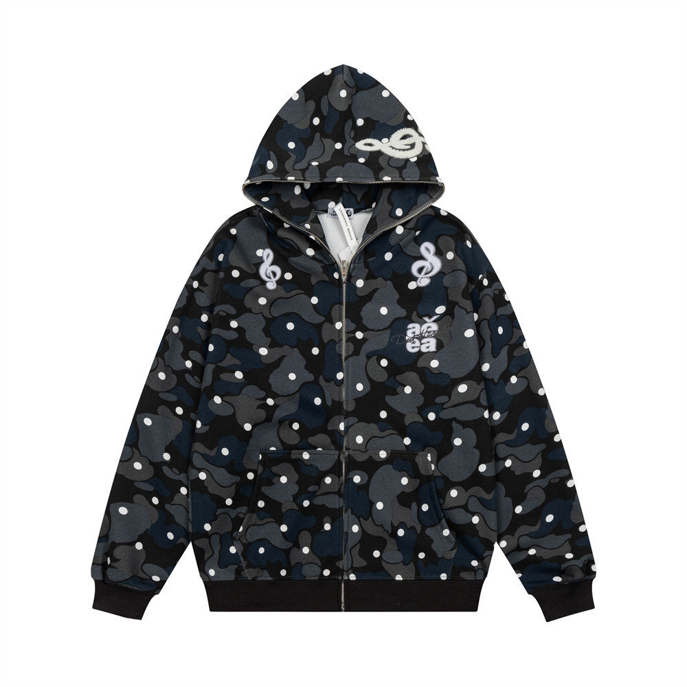 Men's Camo Zip-Up Hoodie with Music Note Embroidery – Oversized Streetwear
