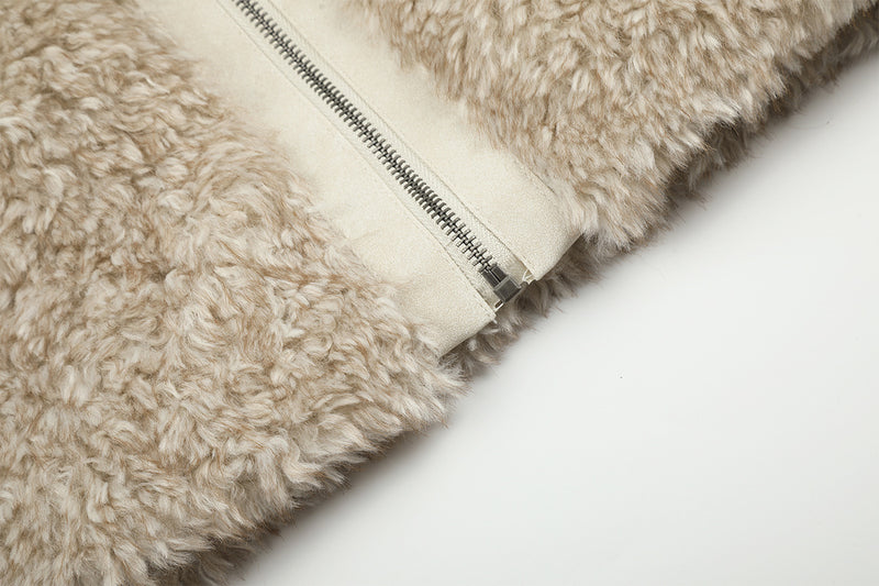 Gilet zippé sans manches en imitation peau lainée à col montant – Polaire teddy