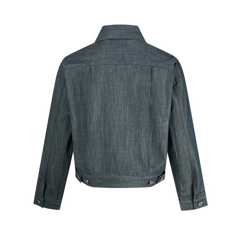 Veste boxy en jean délavé – Plis poitrine, col italien, coupe workwear raccourcie