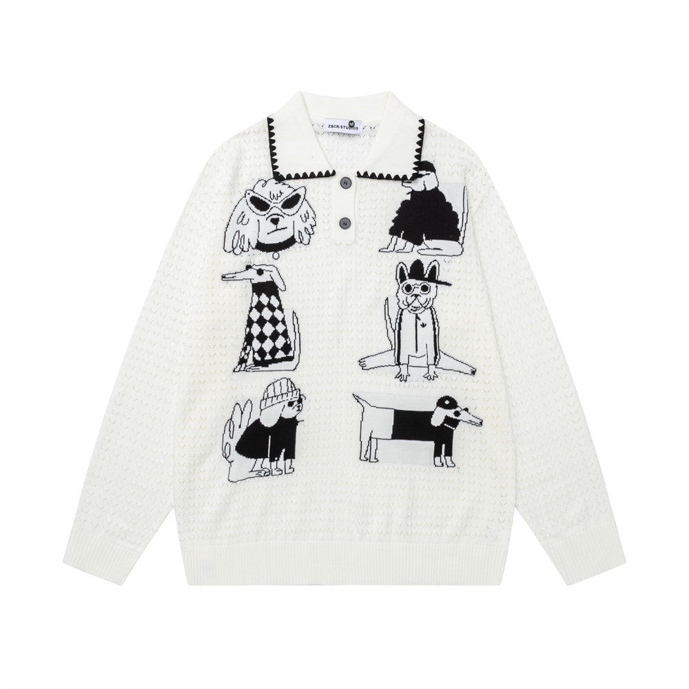 Jersey de Punto Jacquard con Perros Cartoon – Oversize, Cuello Polo y Manga Larga