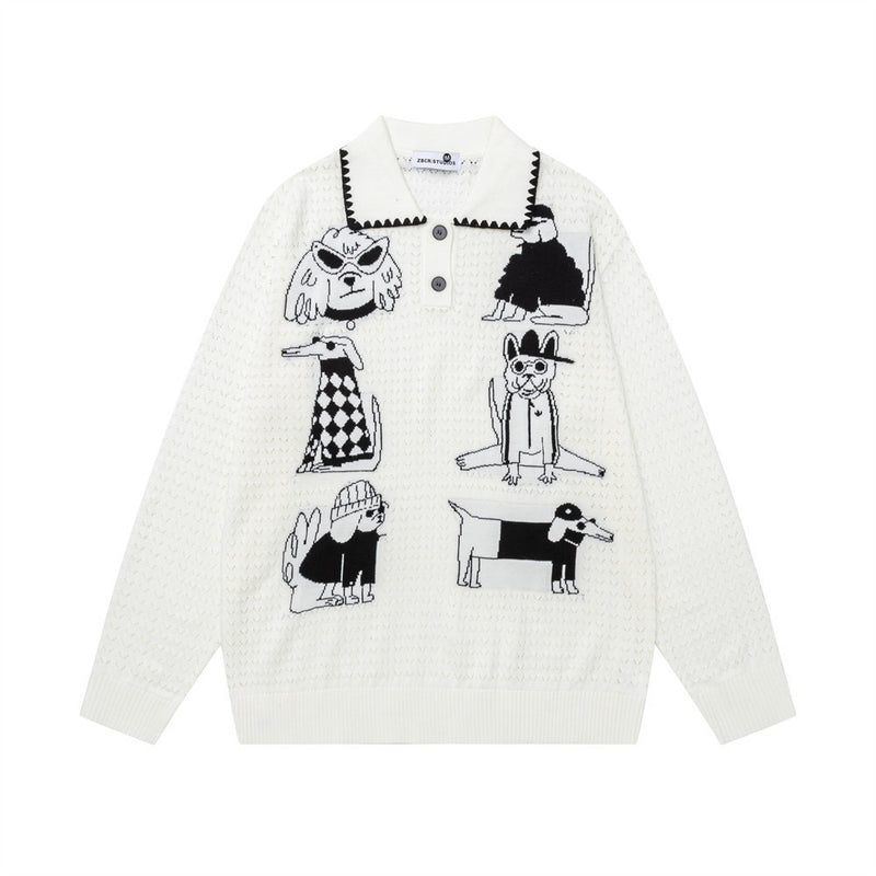 Jersey de Punto Jacquard con Perros Cartoon – Oversize, Cuello Polo y Manga Larga