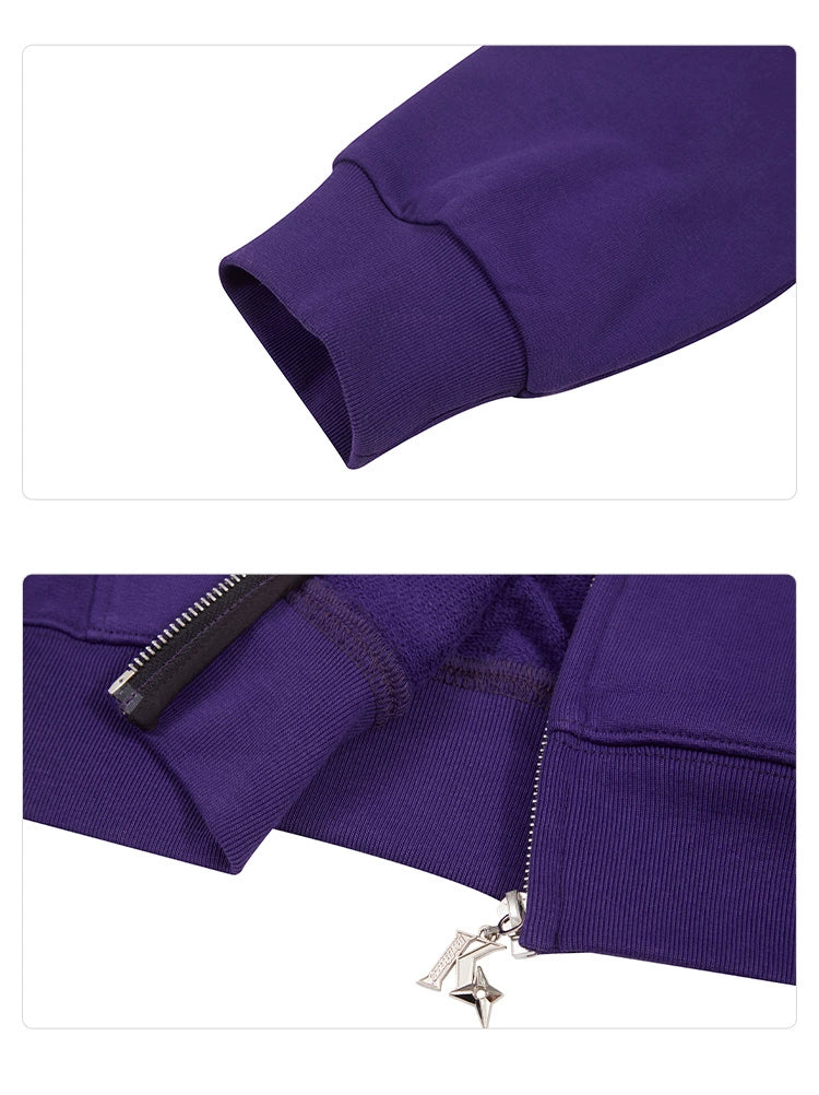 Close-up shots display the Joker-Inspired Hoodie by Seakoff, a 400GSM oversized purple zip-up sweatshirt. The top image shows a ribbed sleeve cuff, while the bottom highlights a zipper with a triangular pull on the hem—ideal for supervillain enthusiasts.