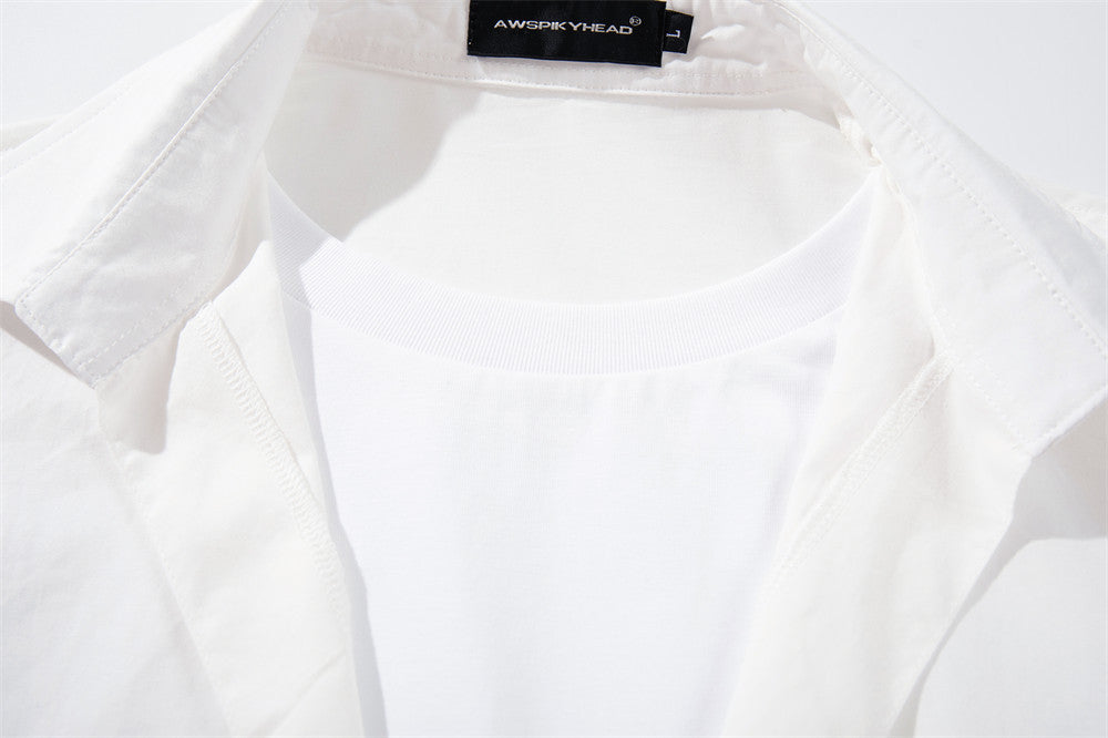 White faux layered collar and ribbed crew neckline close-up