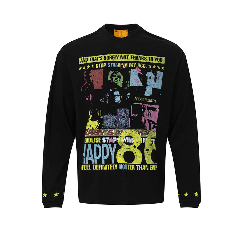 Camiseta de manga larga y cuello redondo con estampado pop art desgastado de Scott Pilgrim y detalle de estrella en el puño, en negro