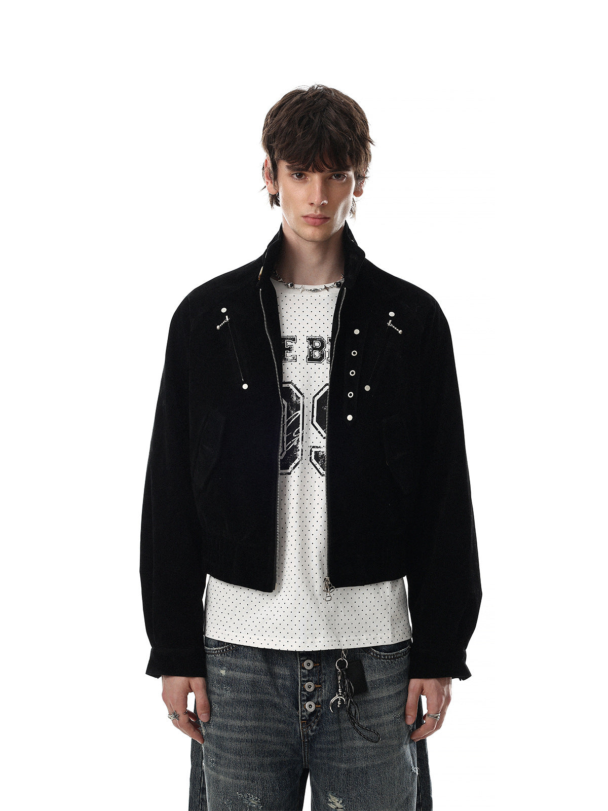 Blouson bomber court en suédine avec éléments métalliques – Style streetwear punk