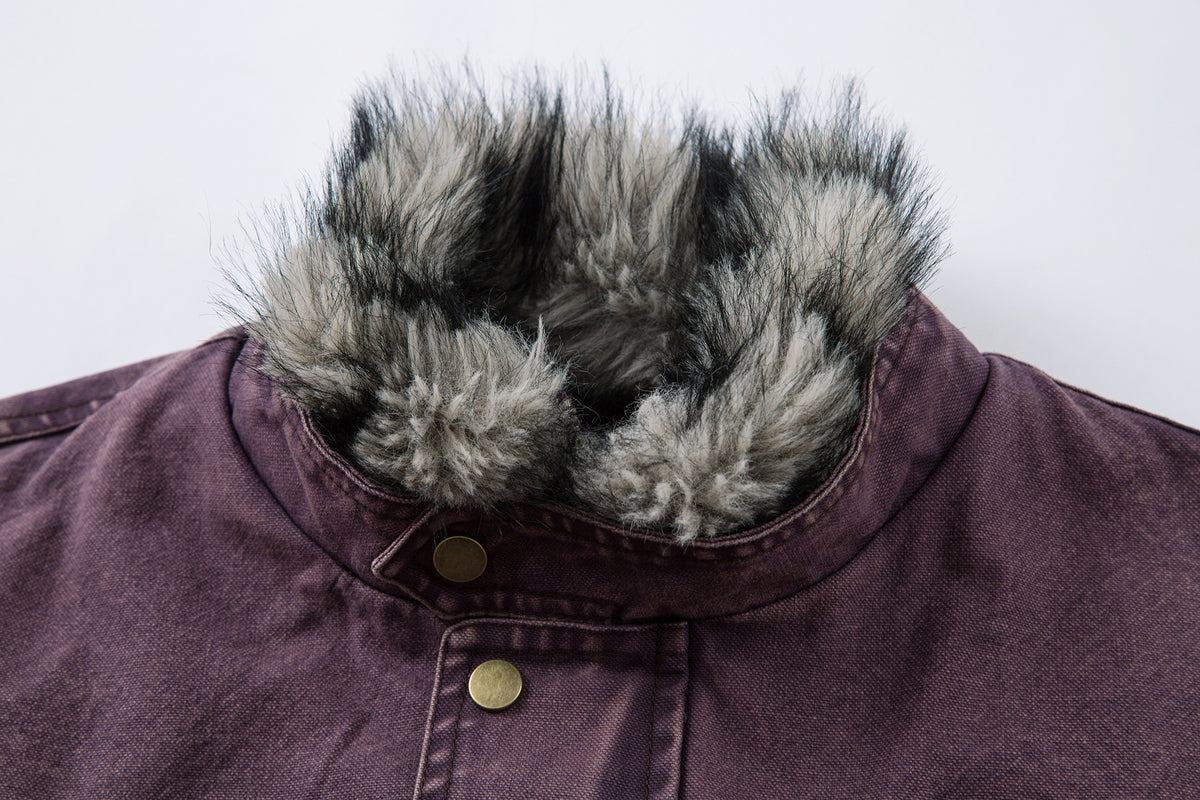 Washed Denim Bomber Jacket with Faux Fur Collar & Fleece Lining – Vintage