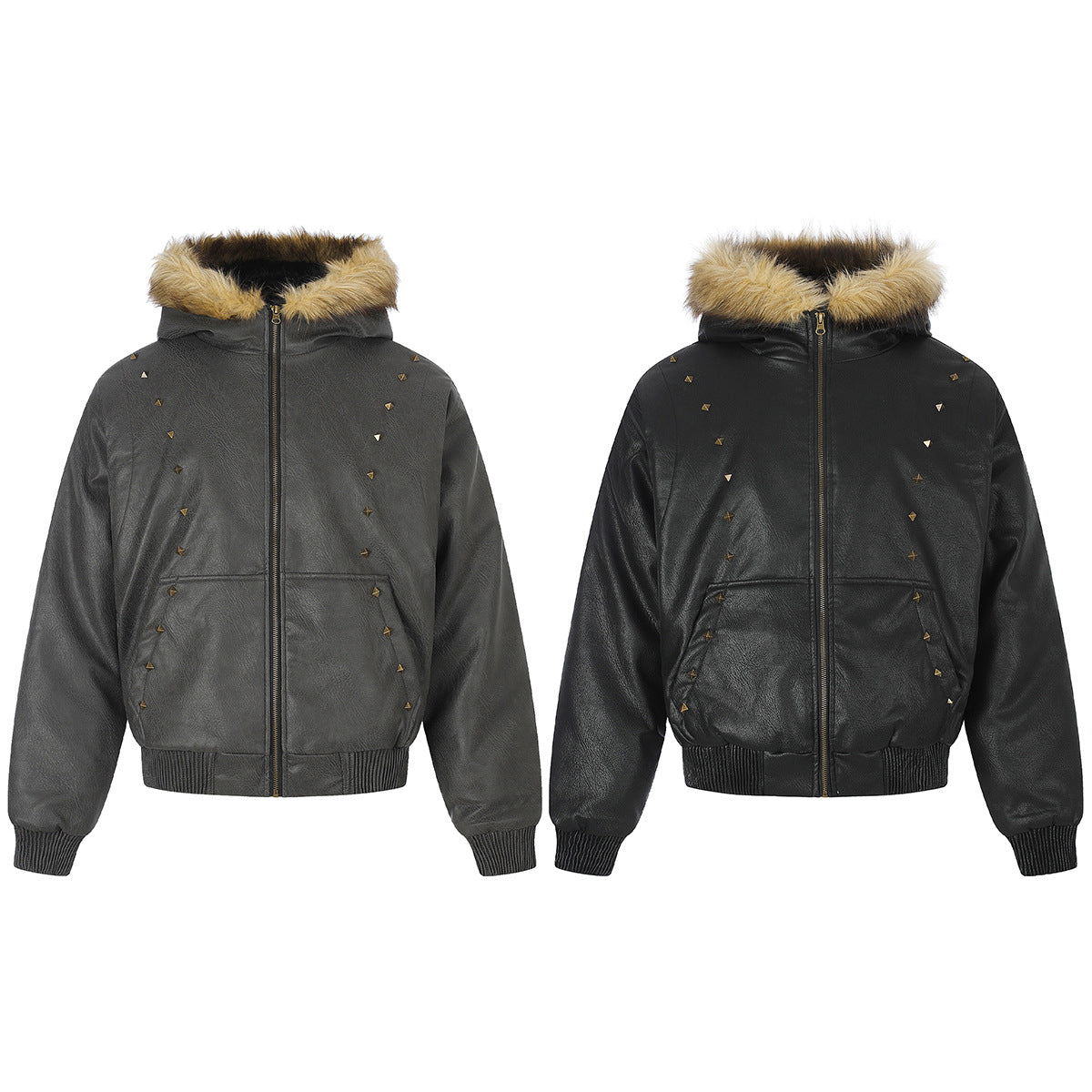 Leather Jacket Fur Collar Studded Hooded Bomber Jacket with Fleece Lining