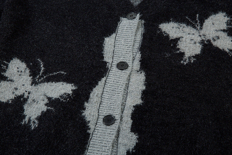 Gilet cardigan en maille jacquard papillon – Col V oversize, maille couple